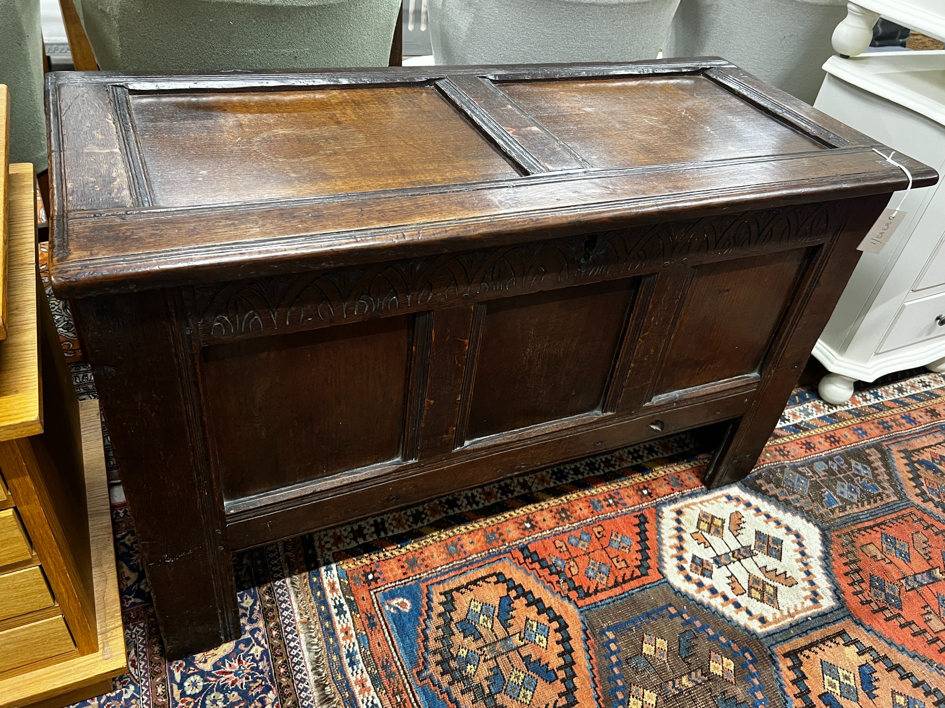 A late 17th / early 18th century panelled oak coffer, length 108cm, depth 48cm, height 66cm